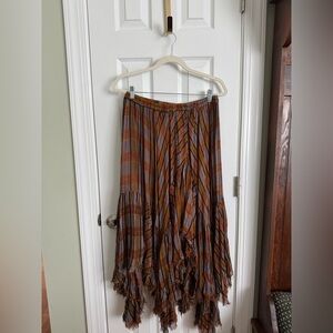 Free People Bohemian Distressed Striped Maxi Skirt in Rust and Purple (M)